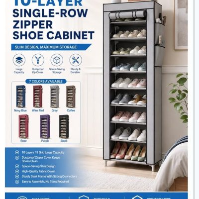 10 layer Single row Zipper Shoe Cabinet with a cloth cover